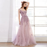 One Shoulder Tulle Sleeveless Long Prom Dress Lace Appliques Beaded Formal Girl Party Gown OKW59