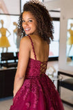 Cute V Neck Burgundy Appliqued Short Prom Dress, Maroon Lace Mini Graduation Homecoming Dresses OKY30
