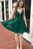 Cute A Line V Neck Green Lace Top Chiffon Short Prom Homecoming Dresses OK1743