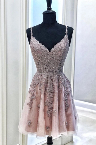 Pink Tulle Lace Appliques Spaghetti Straps Short Prom Dresses, Mini Party Dress OKO65