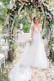 Floral Open Back Deep V-neck Straps Tulle Appliques Prom Dresses Wedding Dress OK180