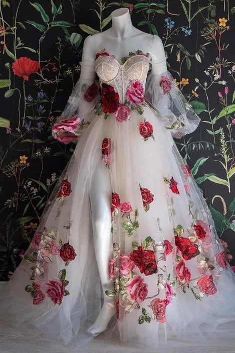 Princess A Line Tulle Flowers Appliques Long Prom Dress Formal Evening Dress OK2013