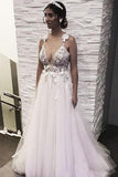 Floral Open Back Deep V-neck Straps Tulle Appliques Prom Dresses Wedding Dress OK180