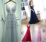 Gray Tulle Long V-neck Evening Dresses, A Line Applique Prom Dresses OKP166