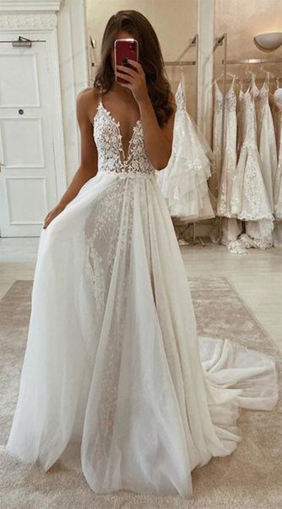 Deep V Neck Ivory Lace Appliques Long Wedding Dress With High Split OKX26