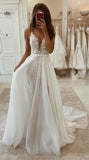 Deep V Neck Ivory Lace Appliques Long Wedding Dress With High Split OKX26