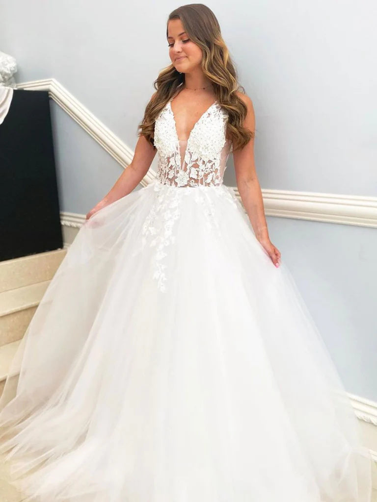 Deep V Neck Off White Lace Floral Tulle Bridal Dresses, White Lace Wedding Dresses OK1760