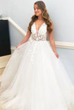 Deep V Neck Off White Lace Floral Tulle Bridal Dresses, White Lace Wedding Dresses OK1760