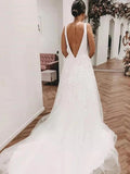 Deep V Neck and V Back White Lace Long Prom Wedding Dresses with Train OK1732