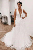 Deep V Neck and V Back White Lace Long Prom Wedding Dresses with Train OK1732