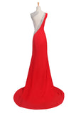 Satin Red Long Beaded One Shoulder Prom Dresses ED0659