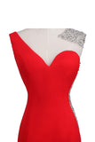 Satin Red Long Beaded One Shoulder Prom Dresses ED0659