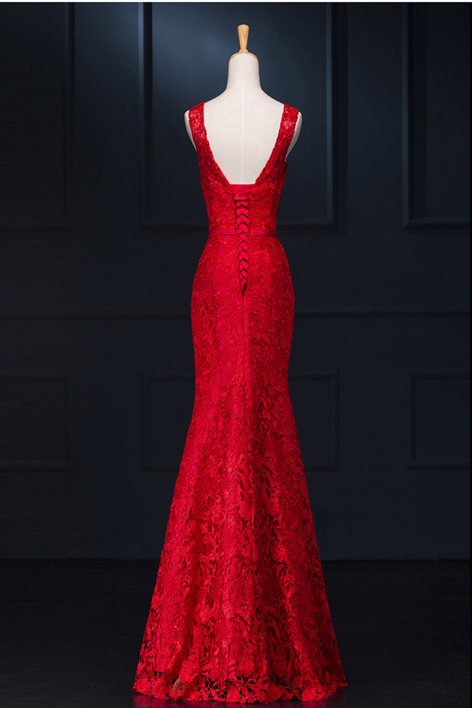 Sheath Real Sexy Red Lace Long Mermaid Backless Prom Evening Dresses ED0713