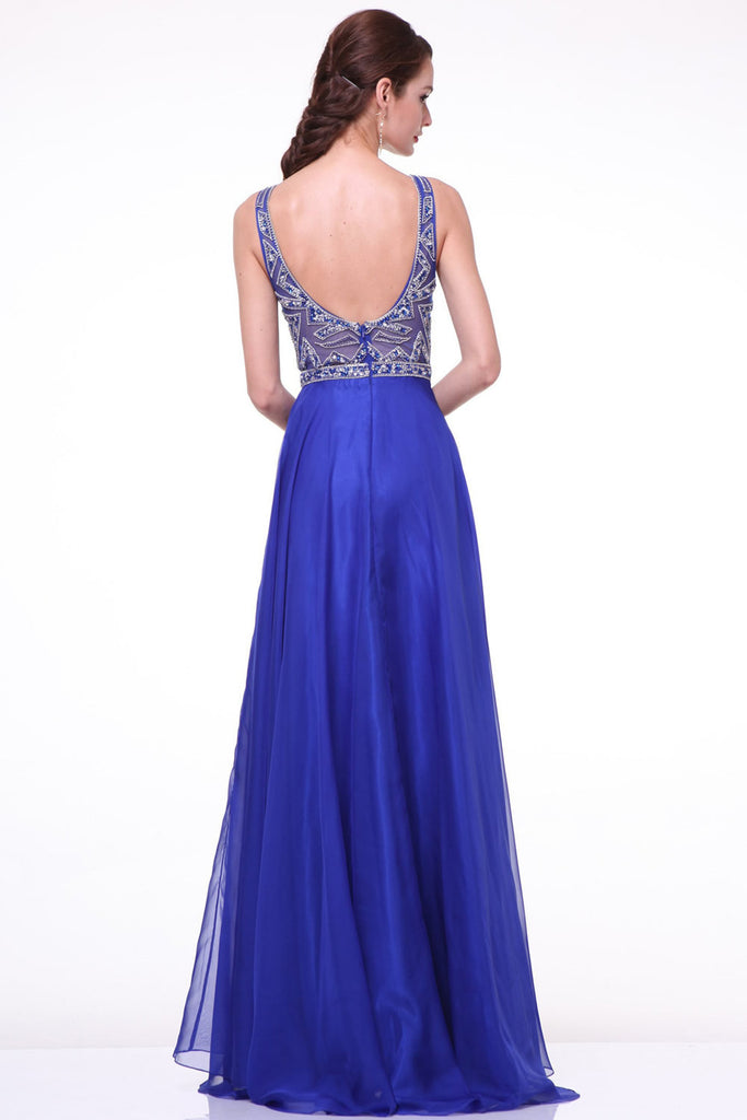Elegant Royal Blue Long Beaded Cap Sleeves Backless Prom Dress ED0722