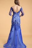 Blue V-neck Lace Half Sleeves Backless Long Prom Dress ED0829