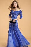 Blue V-neck Lace Half Sleeves Backless Long Prom Dress ED0829