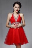 Halter Backless Red Beaded V-neck Homecoming Dress ED0832