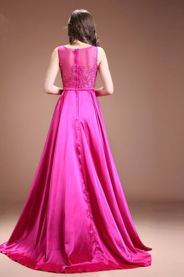 Fuchsia Satin Lace Beaded Cap Sleeves Long Prom Dress ED0839
