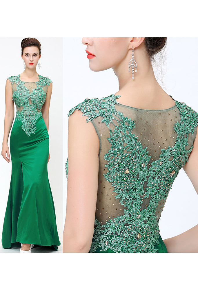 Green Lace Beaded See Through Mermaid Sexy Prom Dress ED0850