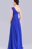 One Shoulder Chiffon Long Royal Blue Simple Prom Dress ED0852