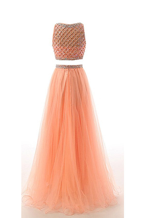 Two Pieces Orange Red Beaded Long Prom Graduation Dress ED0965