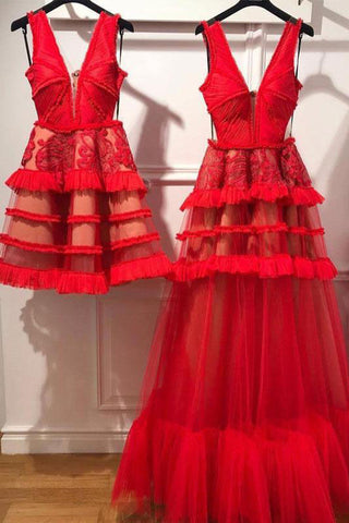 Charming Red V Neck Tulle Long Prom Dresses, Evening Ddress OKP62