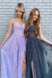 Elegant A-line V Neck Purple/Black Tulle Lace Appliques Long Prom Dress Graduation Evening Dress OK1639