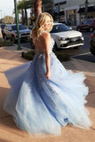 Elegant Backless Light Blue Lace Floral Long Prom Dress 3D Flowers Formal Evening Dress OK1401