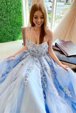Elegant Backless Light Blue Lace Floral Long Prom Dress 3D Flowers Formal Evening Dress OK1401