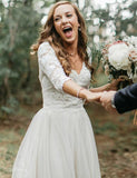 A-Line V-Neck Half Sleeves Backless Tulle Wedding Dress with Lace Top OKM85