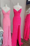 Spaghetti Straps Pink Sequined Long Formal Prom Dress With Slit Evening Dresses OK1696