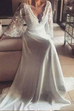 Romantic Boho V-Neck Lace Appliques Long Sleeves Beach Wedding Dress OKE21