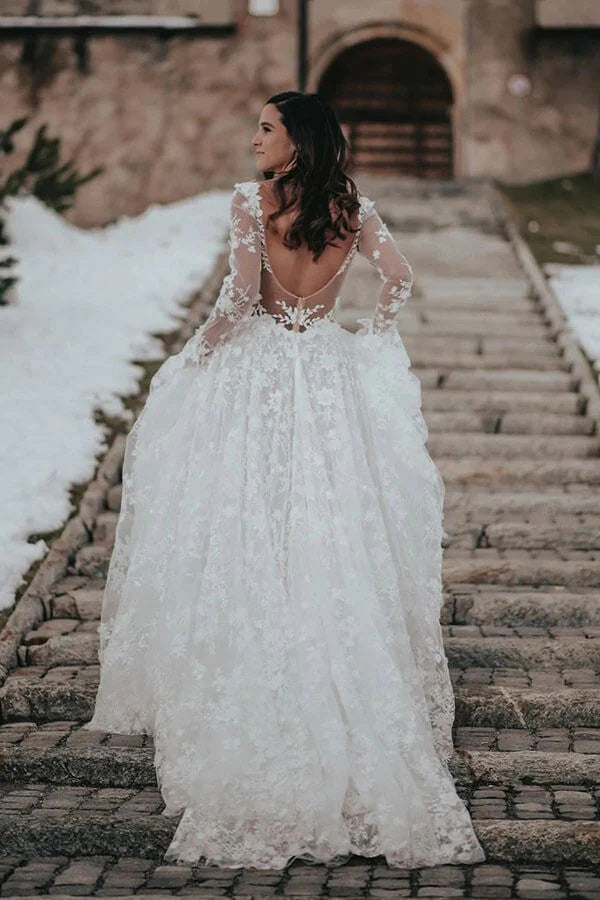 Unique A-line V-neck Long Sleeves Lace Wedding Dresses, Bridal Gowns OK1904