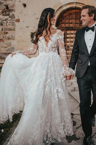 Unique A-line V-neck Long Sleeves Lace Wedding Dresses, Bridal Gowns OK1904