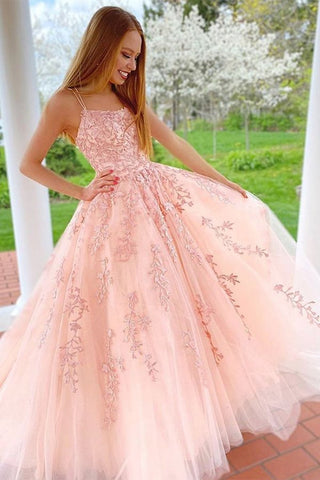 A Line Pink Tulle Lace Appliqued Long Prom Dress With Straps OK1041