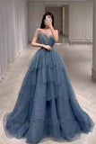 Dusty Blue Sparkly Tulle Beaded Prom Dress, Tiered Formal Gown With Rhinestone OK1932