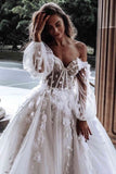 Gorgeous Rustic Long Sleeves Off the Shoulder Wedding Dress Beach Bridal Gowns OK1646