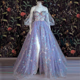 Light Purple Tulle Floral Prom Dress Off Shoulder Sweetheart Dress A-line Evening Dress OK1402