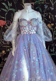 Light Purple Tulle Floral Prom Dress Off Shoulder Sweetheart Dress A-line Evening Dress OK1402