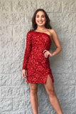 One Sleeve Hot Pink Sequined Short School Party Dress Homecoming Dress OK1456