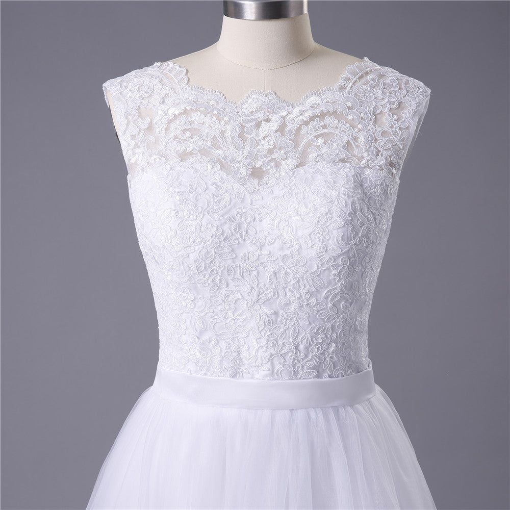 Princess White Tulle Lace Top Beaded Wedding Dress  Cheap Long Bridal Dress OKJ6
