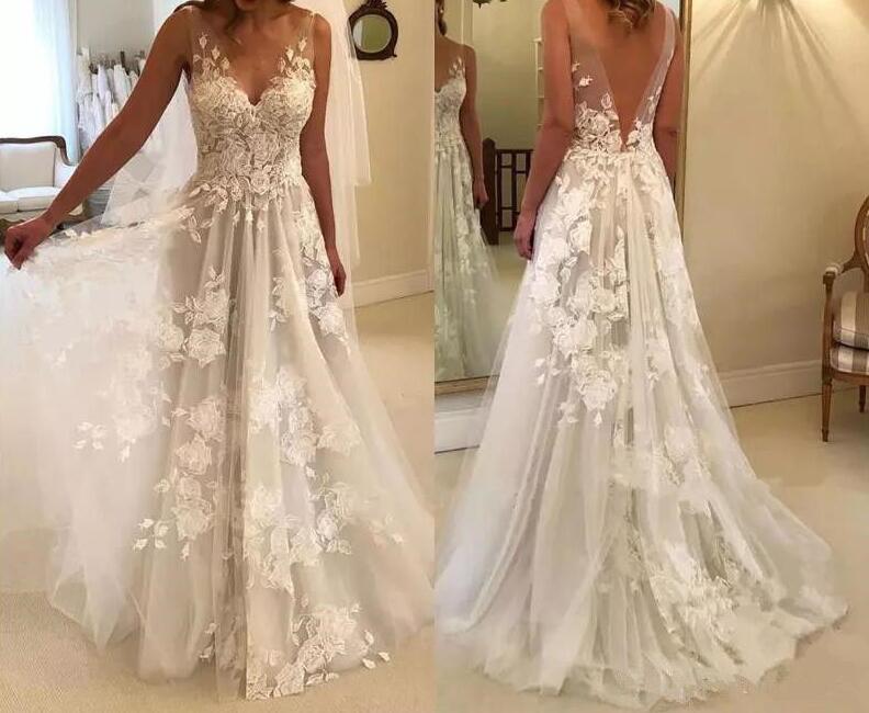 Elegant A line V-neck Tulle Floor Length Wedding Dresses With Lace Appliques OKC94