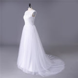 Princess White Tulle Lace Top Beaded Wedding Dress, Cheap Long Bridal Dress OKJ6