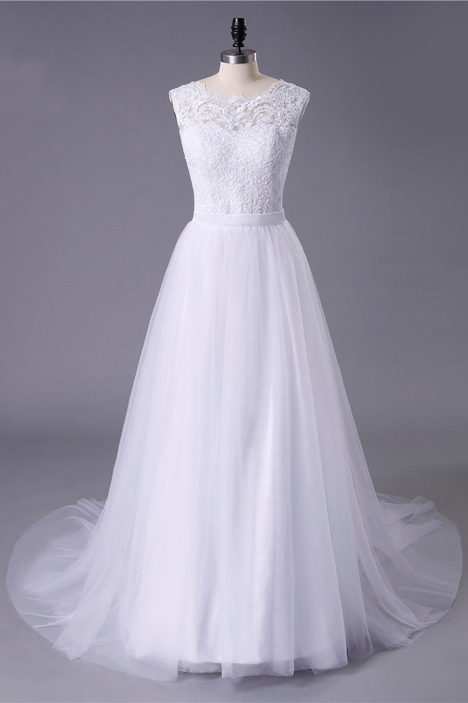 Princess White Tulle Lace Top Beaded Wedding Dress  Cheap Long Bridal Dress OKJ6