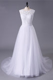 Princess White Tulle Lace Top Beaded Wedding Dress, Cheap Long Bridal Dress OKJ6