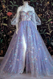 Light Purple Tulle Floral Prom Dress Off Shoulder Sweetheart Dress A-line Evening Dress OK1402