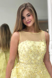 High Low Round Neck Yellow Floral Lace Long Prom Dress Evening Party Dresses OK1798