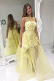 High Low Round Neck Yellow Floral Lace Long Prom Dress Evening Party Dresses OK1798
