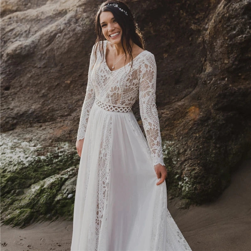 Beach Wedding Dress Long Sleeves V Neck Lace Chiffon A-line Bridal Gowns OKY94