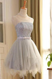 Cute A-line Scoop Gray Tulle Sleeveless Short Homecoming Dress,Sweet 16 Dresses OK316